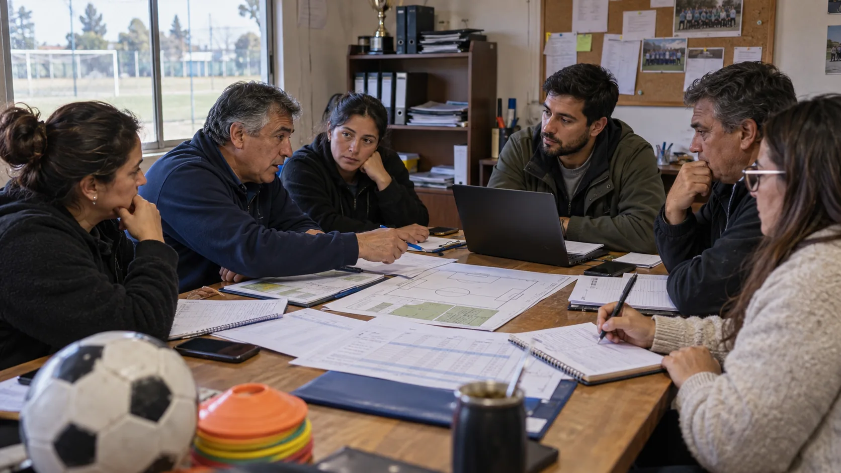 Representación conceptual de dirigentes y asesores planificando la gestión de un club